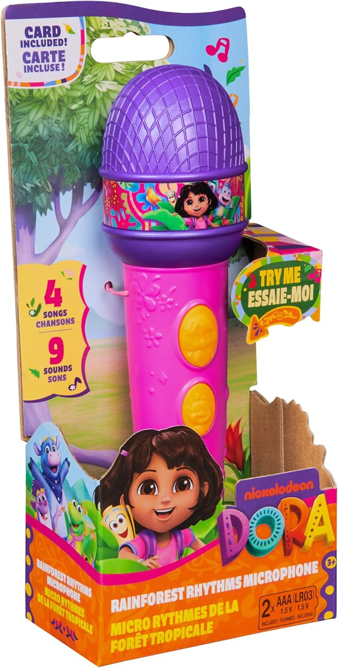 Dora, Rainforest Rhythms Microphone with Music, Sound Fx & Bilingual Phrases, Kids Toys for Girls & Boys Ages 3 and Up