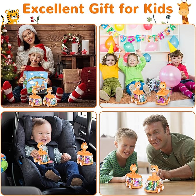 ShinySong Baby Toy Cars Press and Go Car for Toddlers, Light Up Toys Birthday Gifts for Kids Boys Girls, Giraffe & Tiger