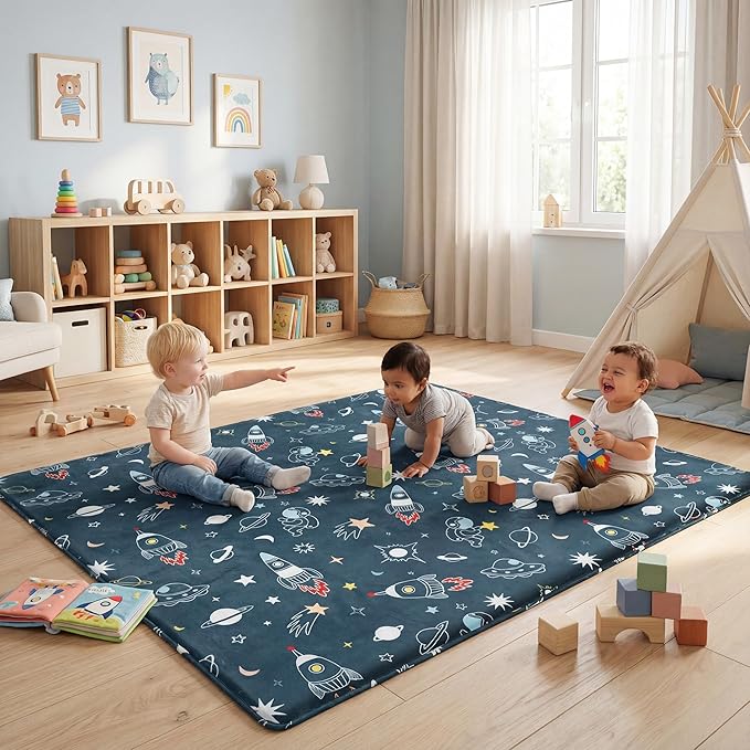 1.5" Thick Premium Baby Floor Play Mat, 71x59 Over-Sized Padded Memory Foam Mat, Tummy Time Crawling Playmat for Nursery Kids Playroom, Space Adventure
