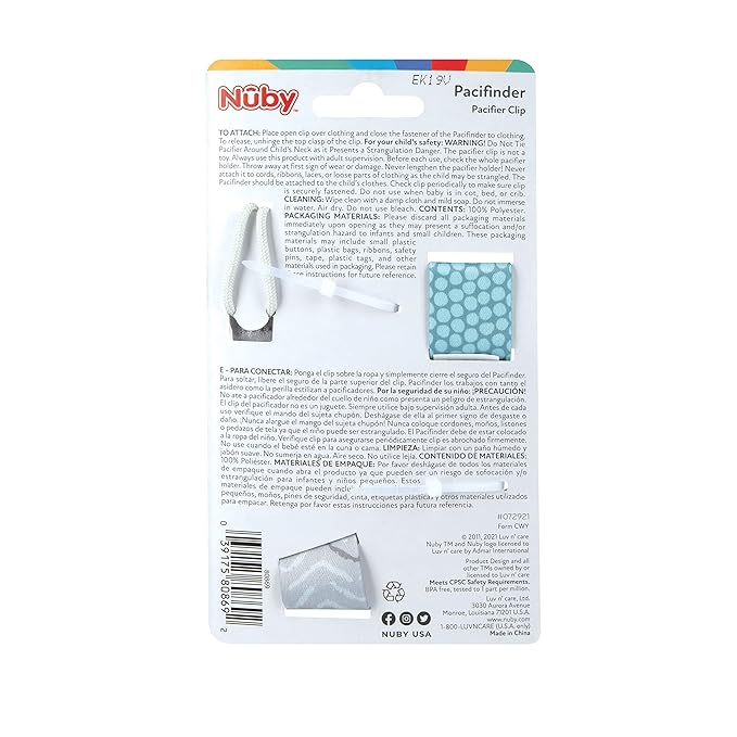 Nuby Pacifinder Baby Pacifier Clip - (2-Pack) - Pacifier Holder Clip with Convenient Hook Loop - Green Dots and Gray Arrows