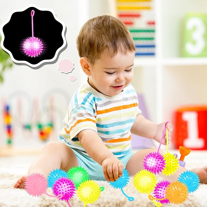 40 Pcs 2.6 Inch Light Up Bouncy Balls LED Spike Ball with Rope Grows in the Dark Multicolor Flashing Balls for Birthday Party Gifts Classroom Prizes