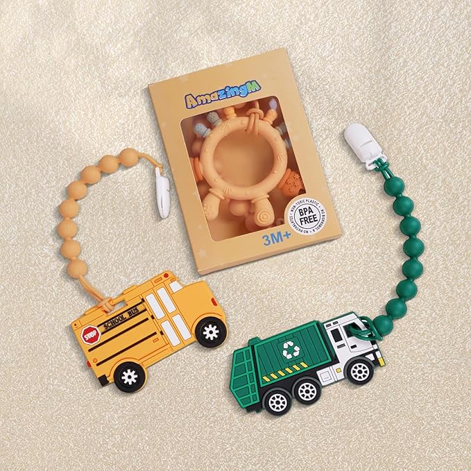 Baby Food Grade Silicone Carrier Vehicle Teether Toy with Pacifier Clip Holder,Teething Toys Gift Set for 3 Months+ Boys and Girls,Freezer Safe,BPA Free.(School Bus)