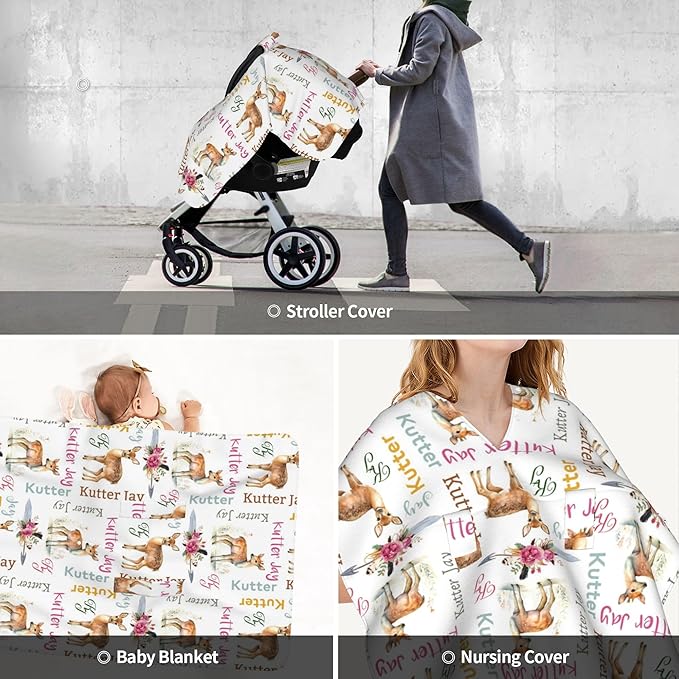 Personalized Winter Carseat Cover for Baby Custom Name Car Seat Canopy for Newborn Baby Boys Girls 2 in 1 Mom Nursing Breastfeeding Covers Deer Minky Baby Carrier Stroller Covers