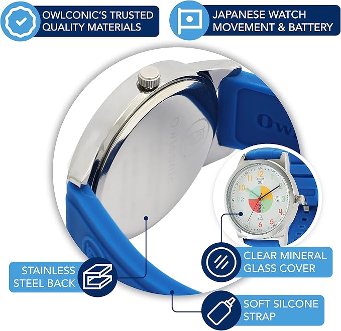 OWLCONIC Telling Time Teaching Clock - Bundled with Kids Watch. Learn to Tell Time Resources. Blue