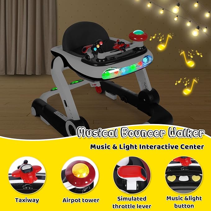 TODEFULL 6 in 1 Baby Walker, Baby Activity Walker for Toddler, Push Walker w/Adjustable Height Speed, Learning-Seated & Walk-Behind, Infant Walker w/Feeding Tray & Music Toys, Black