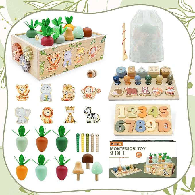 Montessori Wooden Toys for 1+ Year Old, 9 in 1 Montessori Toddler Toy with Preschool Educational Toys for 2+ Year Old, Birthday for Boys Girls