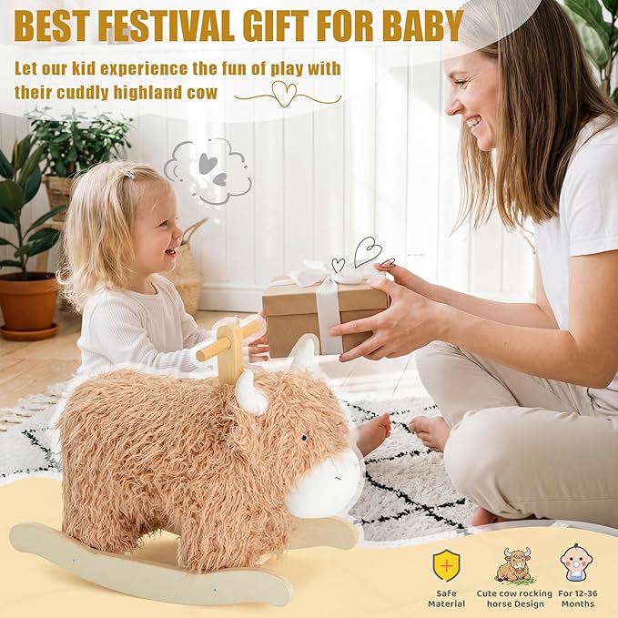 Baby Rocking Horse for 1 Year Old,Wooden Cow/Yak Horse Rocking with Wicker Plush Wooden Ride On Toy for 2 Years Old Girl&Boy Nursery Birthday Gift