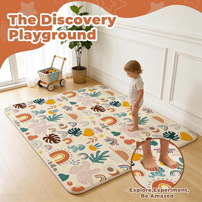 RONGFA Baby Play Mat for Floor, 50'' x 50'' Thicken Foam Padded Mat for Tummy Time, Playpen Playmat for Toddlers Infant Kids, Water-Repellent Coral Velvet, Non-Slip Bottom Safe for Crawling (Boho)