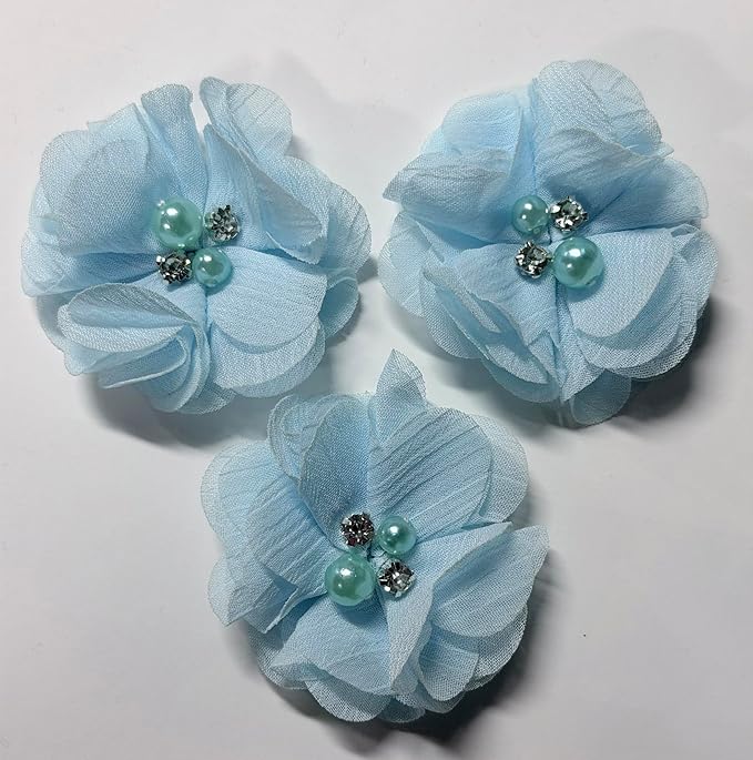 YYCRAFT 20 Pcs Chiffon Flower Rhinestone Pearl for Dress Sewing,DIY Hair Bows Craft and Party Decoration(Blue,2")