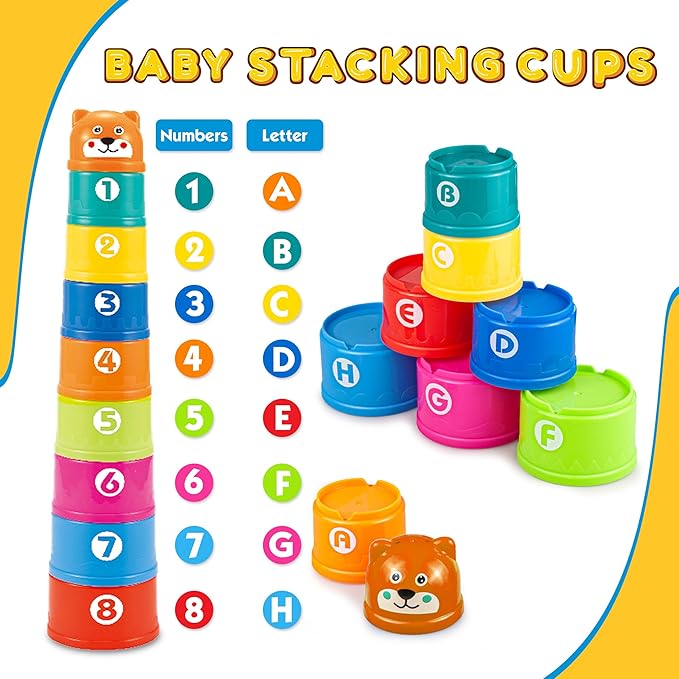 6 in1 Montessori Baby Toys 6-12 Months,Montessori Toy for Babies 6-12 Months,Incl 12pc Building Blocks &Silicone Pull String & Sensory Cube & Manhattan Ball& 2 Stacking Toys. Baby Development Toys