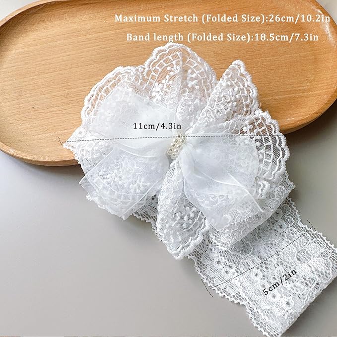 Baby Girls Headband White Bow Lace Headbands Soft Elastic Bowknot Hairbands Cute Hair Accessory for Newborn Kids Infant Toddler Baptism Birthday Party (Lace Flowers)