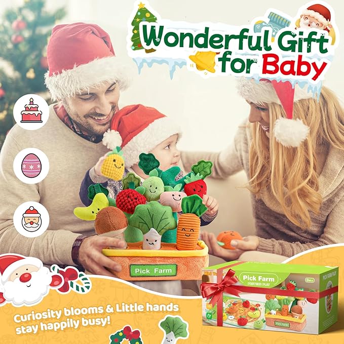 Mini Tudou Baby Toys 6-12 Months-Fruits Veggies Farm Stuffed Toys 15PCS-Sensory Educational Toy Mushroom Carrot with Rattle Squeaker Crinkle Texture Color Shape Number Matching Gifts