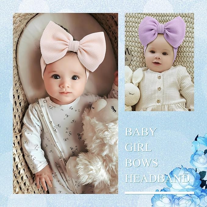 Big Bows Headbands for Baby Girls - Waffle Large Hair Accessories, Infant Toddler Headwrap 3 Pack Purple Ivory Light Blue