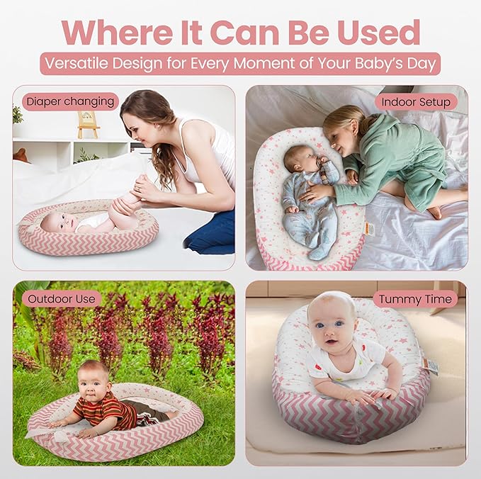 Baby Lounger for Newborn 0-24 Months, with Mosquito Net, Breathable & Soft Baby Nest, Portable & Lightweight (Pink)