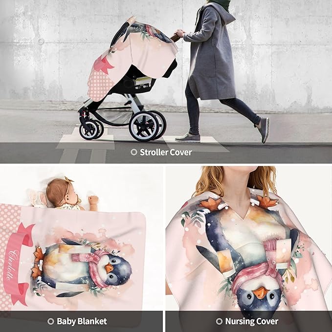 Personalized Winter Carseat Cover for Baby Custom Name Car Seat Canopy for Newborn Baby Boys Girls 2 in 1 Mom Nursing Breastfeeding Covers Penguin Minky Baby Carrier Stroller Covers