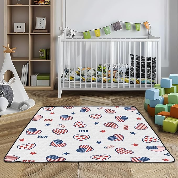 Baby Play Mat American Flag with Hearts July 4th 50 x 50 Playpen Mat Baby Play Mats for Floor Play Gym Crawling Mat Non-Slip Cushioned Baby Playmat for Infants, Babies, Toddlers