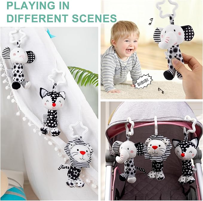 Black & White Baby Wind Chime Hanging Toys - High Contrast Rattles for Newborns 0-12 Months, Stroller & Car Seat Mobile, Hanging Rattle Toys for Babies, Clip Hanging Plush Squeeze Toys