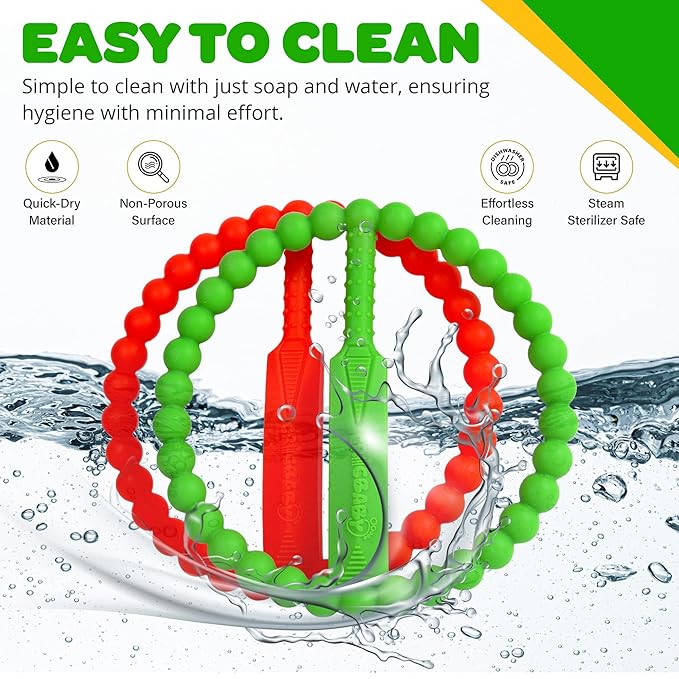 Cricket Baby Teether | 2 Pack Cricket Bat & Ball Shape | Soft Silicone Teething Toy for Babies 0-9 Months | Easy to Hold with 5 Teething Textures | Grass Green & Cherry Red | Certified Safe