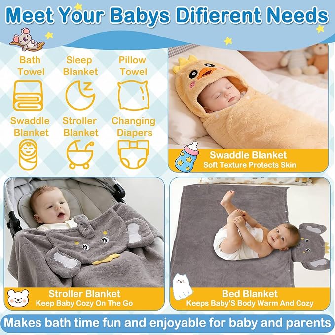 Flasoo 8 Pcs Toddler Towel Set, 2 Pcs Hooded Toddler Bath Towel, Large 55" x 27.5" Toddler Hooded Towel & 6 Pcs Baby Washcloths for Boy Girl 0-5 Year, Soft Gift for Babies, Infant, Newborn Essential