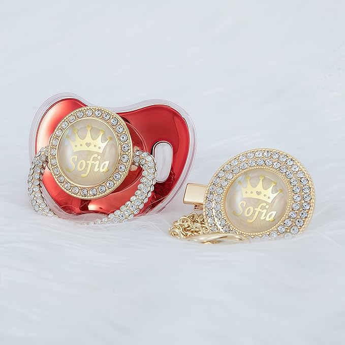 Personalized Name Anniversary All Bling Pacifier and Clip Set Gold Plated New Born Gift Photography No for Daily Use (Metallic Red)