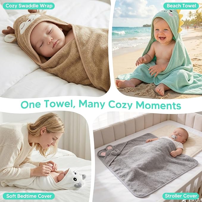 14-Piece Baby Bath Towels Set with 4 PCS Hooded Baby Towels, 8 PCS Washcloths & 2PCS Bath Brush for Infants & Toddlers, Ultra Absorbent Newborn Bath Essentials Gift for Boys & Girls