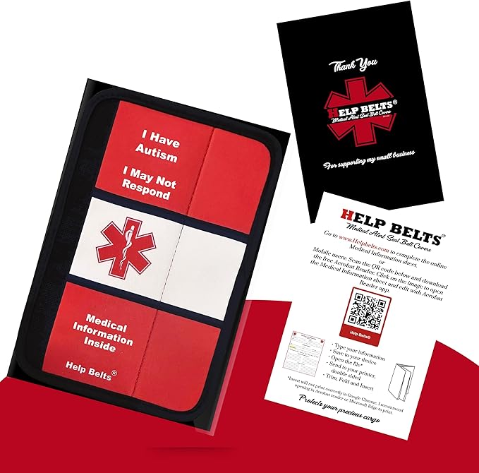 Autism/May Not Respond Awareness Medical Alert Seatbelt Cover for Kids and Adults with Emergency Information Form and Pocket by Help Belts (Red, 9 Inch Full)
