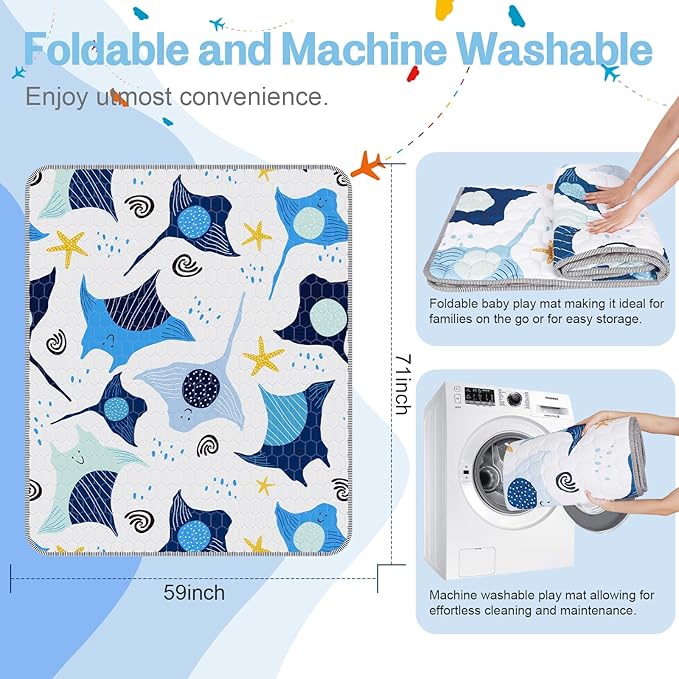 omzer Baby Play Mat, 71x59 Inch Large & Thick & Soft Cushioned Playmat for Playpen, Non-Slip Floor Mat for Crawling Infants & Toddlers with Safety Silicone Backing, Machine Washable - Blue