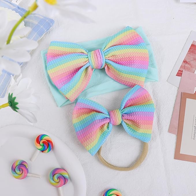 4.5'' Baby Bows Handmade Headbands 6'' Printed Tied Bow Elastic Nylon Hair Accessories for Baby Girls Newborn Infant 2 Pcs Striped Rainbow