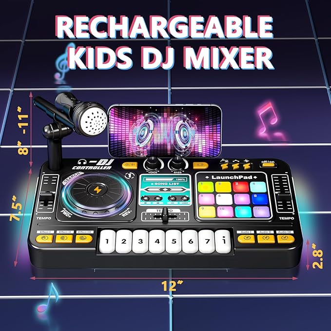 OZMI Kids DJ Music Mixer Table Board Set Toy with Microphone, Lights – Interactive Musical Toys for Ages 3-12 | 100+ Sounds, Piano Keys, Disco Mode, Rechargeable for Kids Boys & Girls