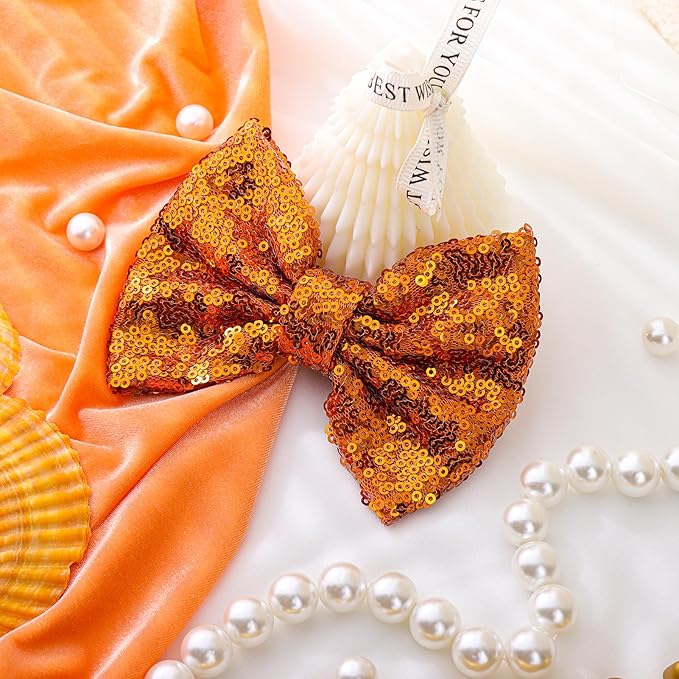 Hair Bows: Sequined Alligator Hair Clips with Big 5" Orange Bows for Girls, Babies, Toddlers, and Teens
