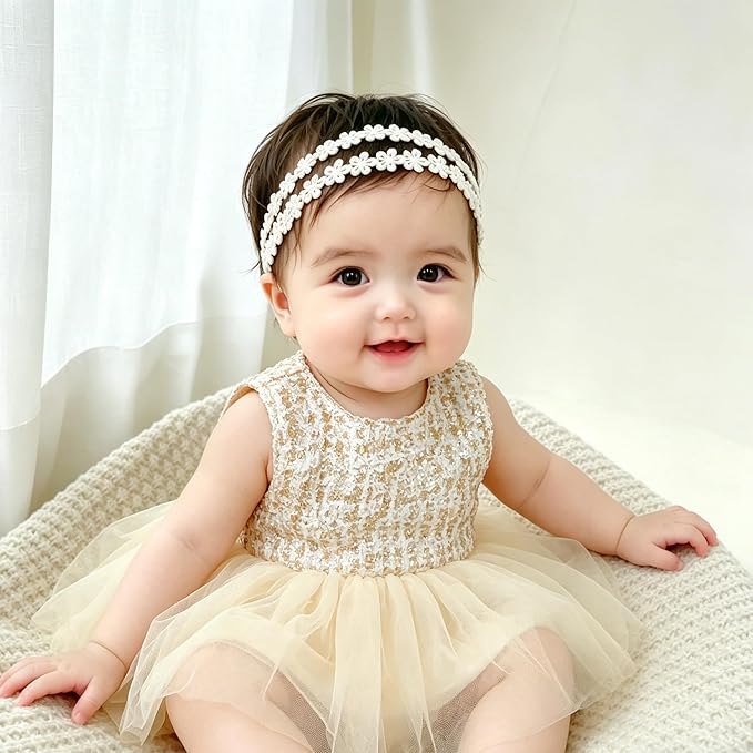 Baby Girls Hairband White Bow Lace Headbands Handmade Soft Stretchy Wide Head Band Newborn Hairbands with Bows Pearls Elastic Headband for Infant Hair Accessories(Flower Pearl)