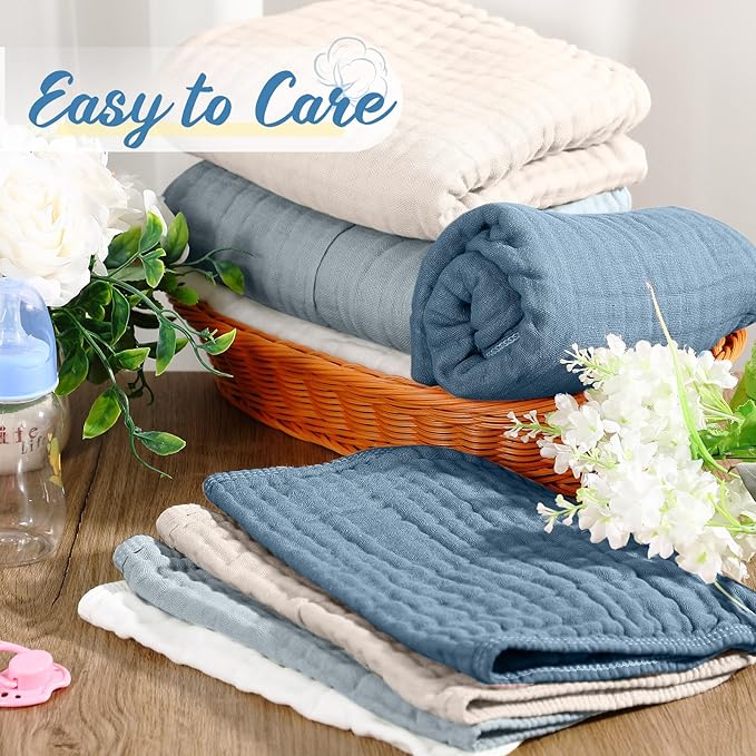 VitalCozy 8 Pcs Baby Muslin Hooded Bath Towels and Washcloths, Muslin Hooded Baby Towels Absorbent Blankets for Gift Newborn Infant Shower (Blue,White)