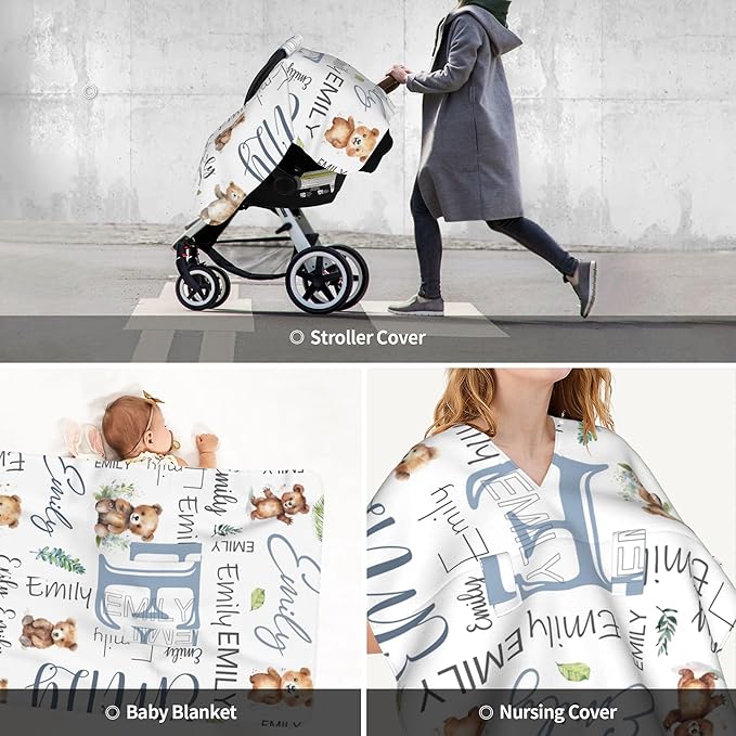 Personalized Baby Car Seat Cover Custom Name CarSeat Canopy Customized Bear Newborn Nursing Breastfeeding Cover Minky Baby Blanket Infant Car Seat Canopies for Baby Girls Boys