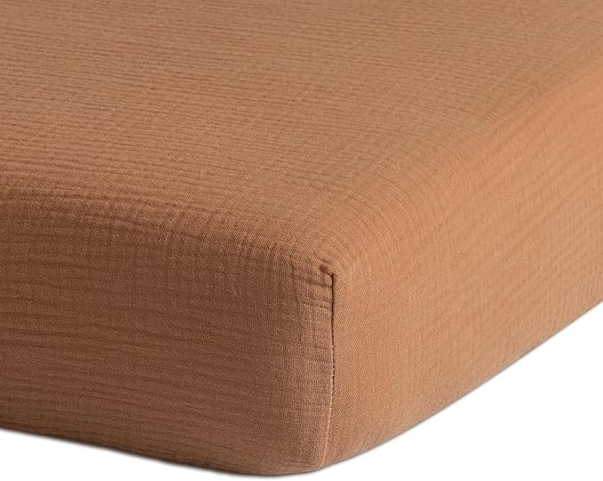 Meracorallo Muslin Mini Crib Sheet, Pack n Play Fitted Sheet, Soft and Breathable Pack and Play Playard Mattress Sheet for Baby Boys and Girls (Camel)