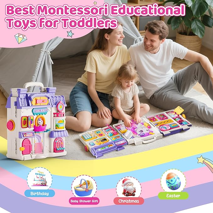 Nicella Busy Board for 1 Year Old Girl Gifts, Montessori Toys for 1 2 Year Old - 56+ Activities Bilingual Music Learning Sensory Toys for Toddlers 1-3 - Birthday Gift for 1+ Year Old Girl Boy