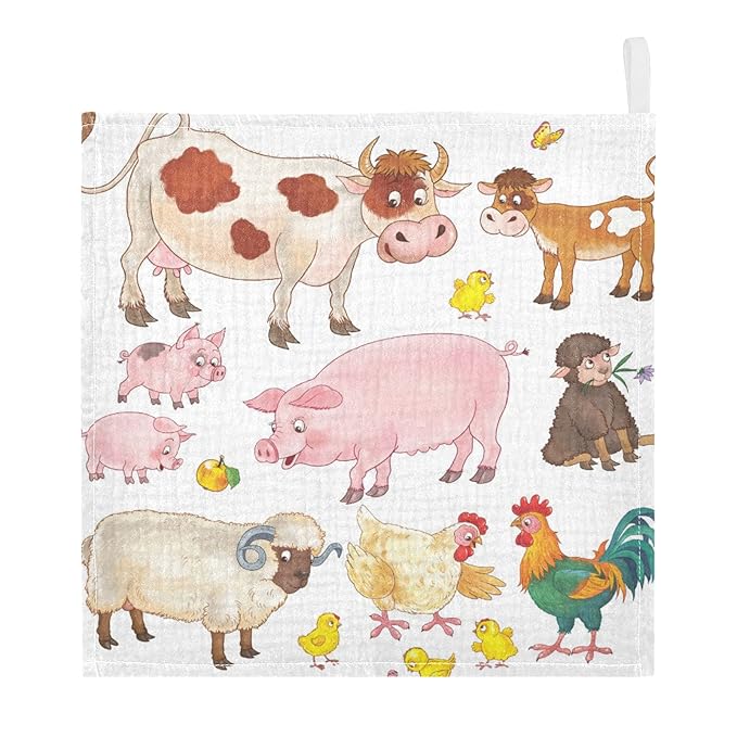 Cow Pig Sheep Chick Baby Muslin Washcloths Farmhouse Animals Burp Cloths Soft Absorbent Baby Wash Cloth Fingertip Face Towels for Newborn Boys Girls 12 x 12 in, 5 Pack