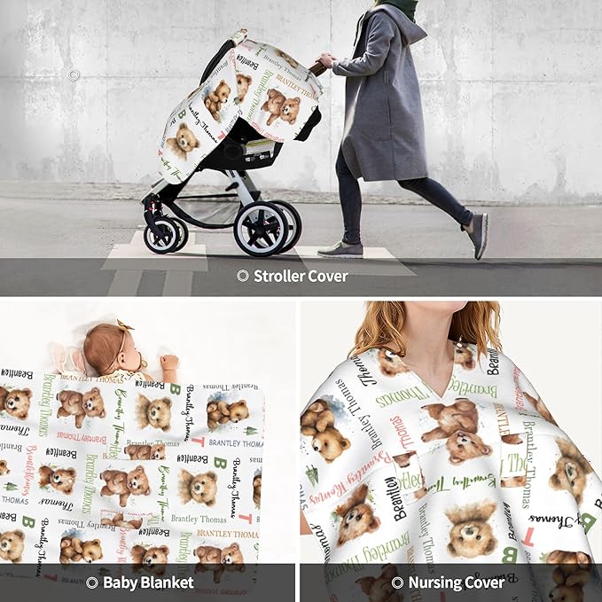 Personalized Baby Car Seat Canopy Minky Bear Baby Blanket Custom Name Baby Car Seat Cover Girls Boys Infant Newborn Carseat Canopy Nursing Cover for Stroller Car Seat Canopies