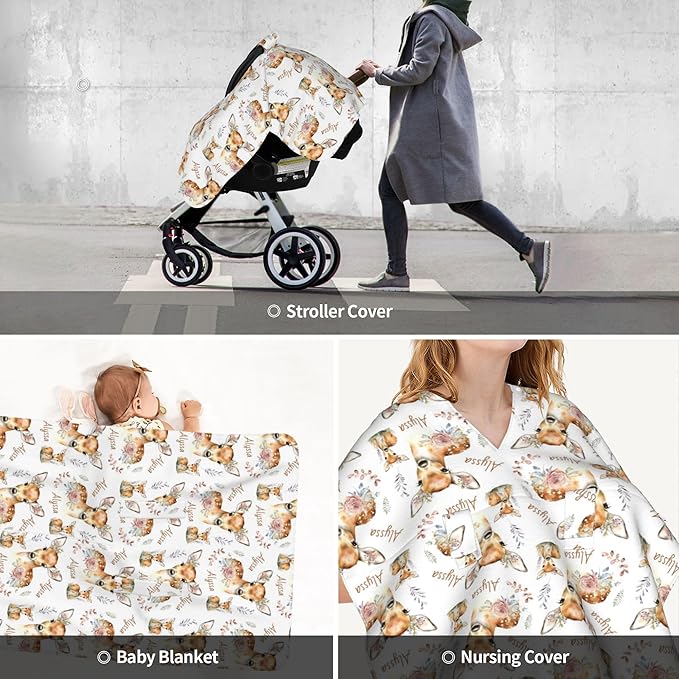 Personalized Winter Carseat Cover for Baby Custom Name Car Seat Canopy for Newborn Baby Boys Girls 2 in 1 Mom Nursing Breastfeeding Covers Deer Minky Baby Carrier Stroller Covers