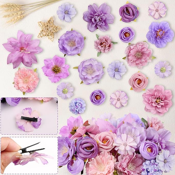 Leery 20 PCS Boho Flower Hair Clips for Women - Rose Hair Barrettes, Wedding Hairpins, Bridal Headpiece, Hawaiian Silk Floral Clips (Pinkish purple)