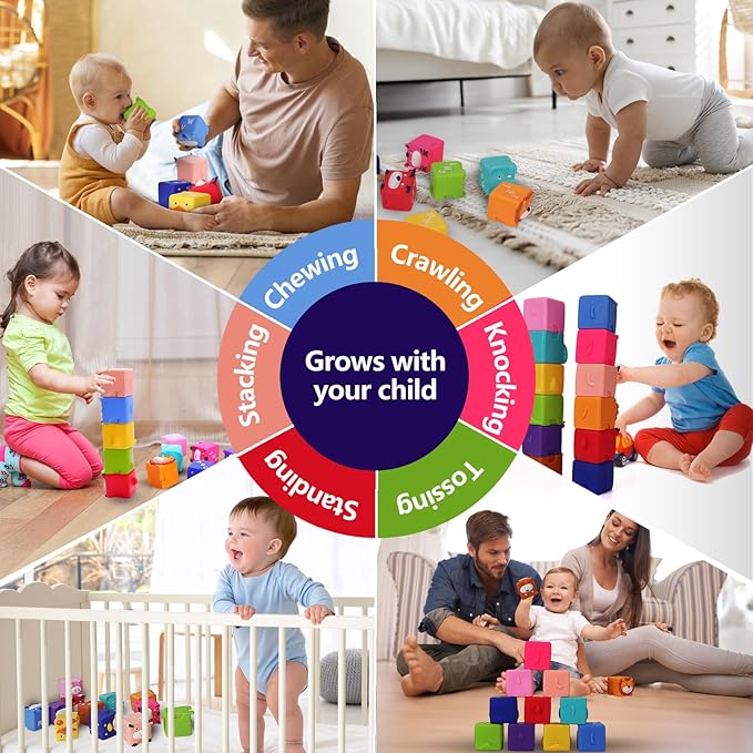 Soft Baby Blocks – Stacking & Building Toys for Babies and Toddlers –12 Pcs No Hole Squeeze Animal Blocks – Sensory Teething Toys for Infant 6 Months+