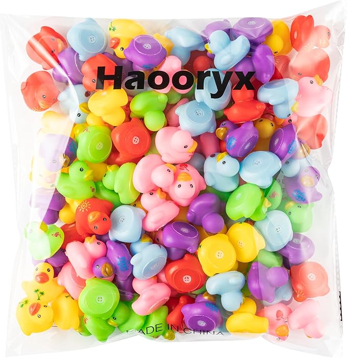 Haooryx Summer Mini Rubber Ducks - 60Pcs Hello Summer Ducky Squeak Bathtub Float Bath Toy Novelty Squeak Duck for Kids Holiday Party Decor Classroom Reward Birthday Gift Baby Shower Party Favor Supply