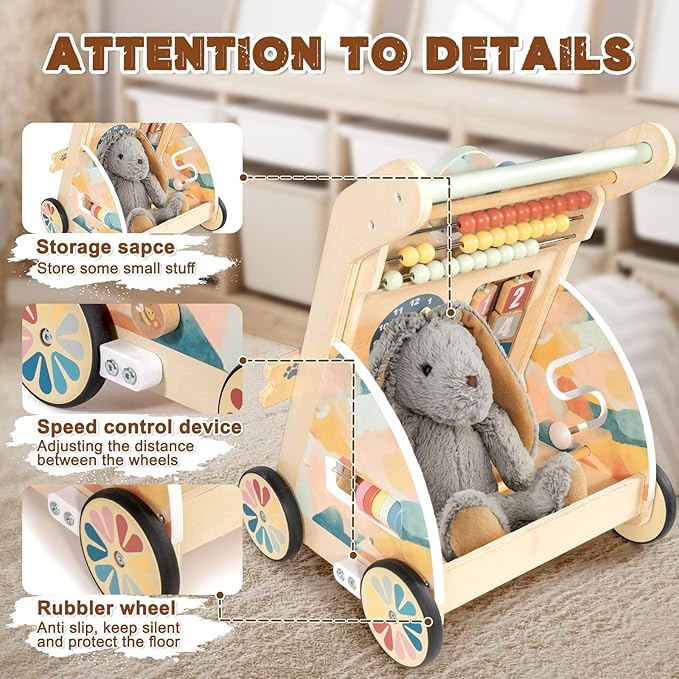 LOL-FUN Wooden Baby Walker with Double-Sided Busy Board, Push Walker for Baby with Adjustable Speed Wheels, Activity Learning Walker for Boys 12 Months