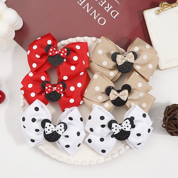 3 Pairs Red White Mouse Ears Hair Bows Clips 4 Inches Hair Bow Cute Mice Ears Toddler Hair Accessories for Women Girls for Birthday Party Favor Halloween Christmas Decoration