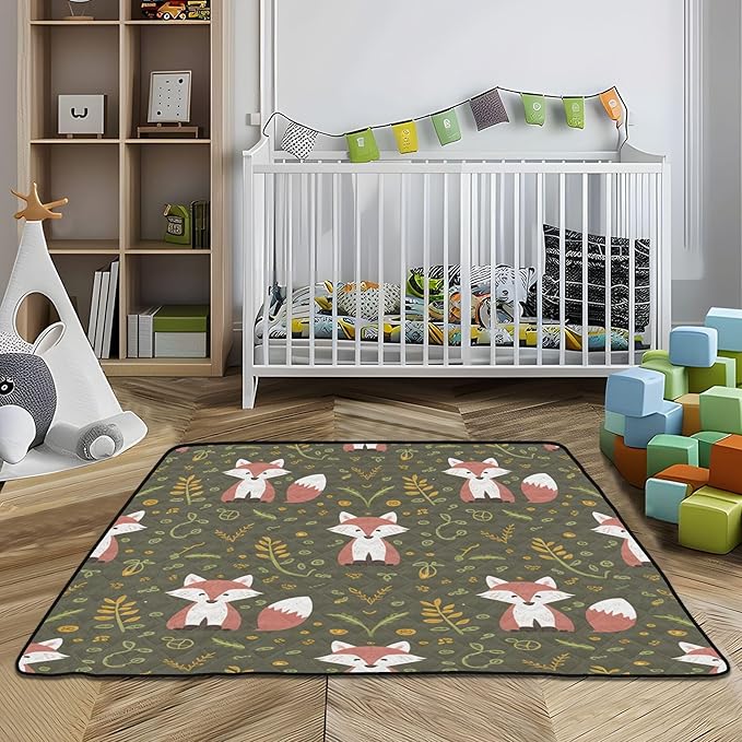 Animal Foxes Leave Green Baby Playmat Washable Playroom Crawling Mat Non-Slip Play Mats for Floor 50x50 Playpen Mat