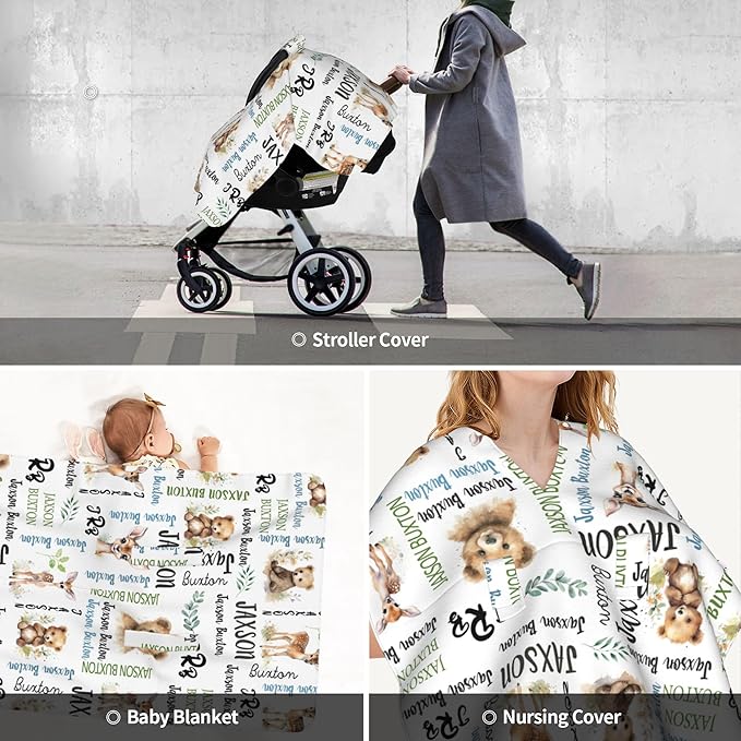 Winter Carseat Cover for Baby Personalized Woodland Baby Car Seat Cover with Name Custom Minky Car Seat Canopy Boys Girls Infant Carrier Covers Nursing Cover Toddler Blanket