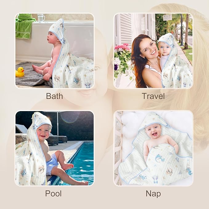 Hooded Baby Bath Towels 2 Pack 32x32 Inch, 100% Cotton Soft & Highly Absorbent, Blue Castle & Baby Dragon Design, Baby Towel Set with Wash Mitts, Gentle for Newborn, Infant & Toddler