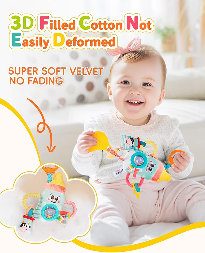 Jollybaby Baby Pull Vibration Toy - Tummy Time Sensory Hanging Toys for Car Seat, Stroller, Crib & Play Gym, with Babies Rattles & Teether, Airplane Travel Toys for Toddlers Gift- Toast