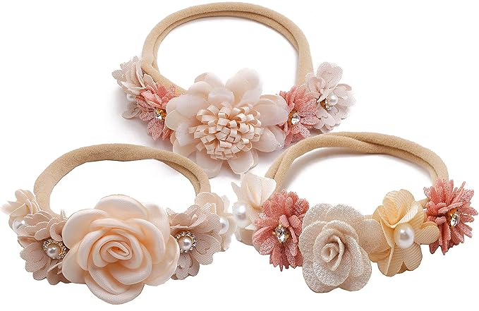 Mealah Baby Girls Flower-Headband Elastic-Nylon Hairbands Floral Crown for Newborn Infant Toddler Pack of 3