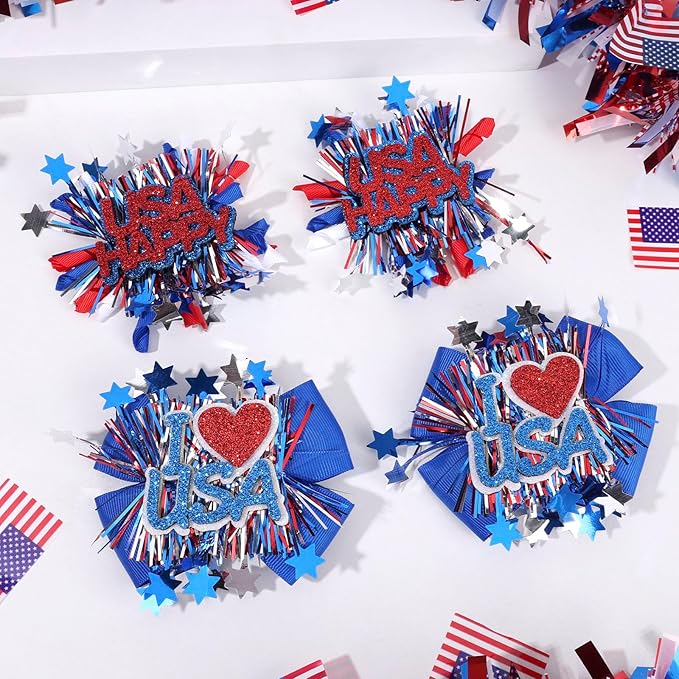 CN 4PCS 4th of July Hair Bows for Girls, Red White Blue USA Patriotic Hair Accessories, Amercian Flag Star Bows Clips for Girls Toddlers Teens for Independence Memorial Day Party Dress(Type A)
