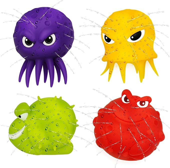 4E's Novelty Sea Animal Octopus Water Balls 4 Pack - Pool Toys Outdoor Activity Game Bath Tub Sensory Octopus Absorbent Splash Balls Bomb, Floating Swim Toys, Easter Basket Stuffers